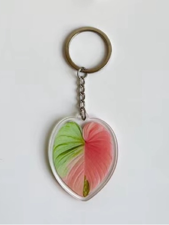 Accessories - Variegated Anthurium Heart Leaf Acrylic Keychain - Pink & Green - Silver - NEW!
